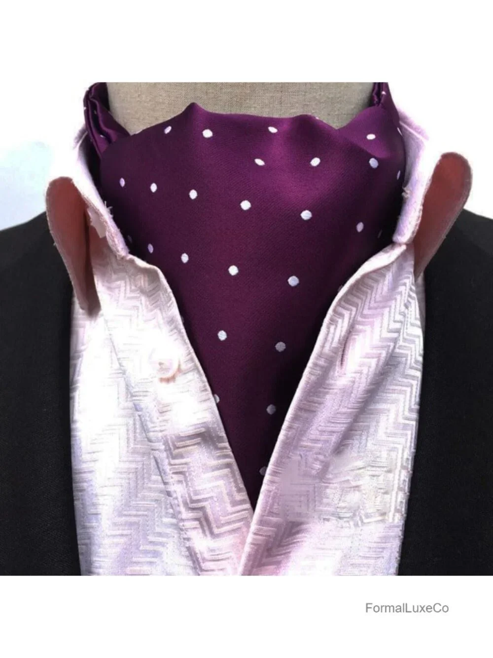 Men's Polka Dot Ascot Cravat Pocket Square Cufflinks Set Wedding Party Formal